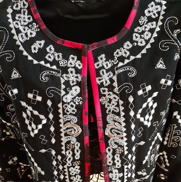 Notations Cotton Jacket Cardigan Silver Embroidery Beads Size S Black Red Artsy - Picture 11 of 17